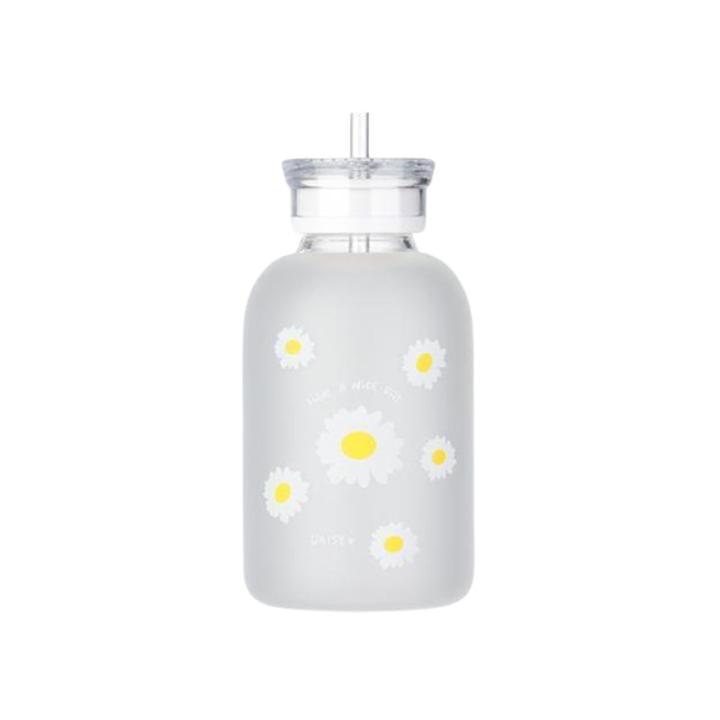 gourde en verre avec paille - Blanc - Motif Cinq Fleurs