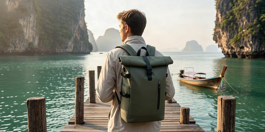 Voyageur avec un sac à dos imperméable face à une baie de Thaïlande et ses falaises karstiques