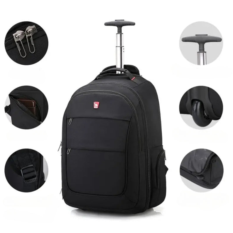 Valise Sac à Dos à Roulettes gros plan fermeture zippée - Noir