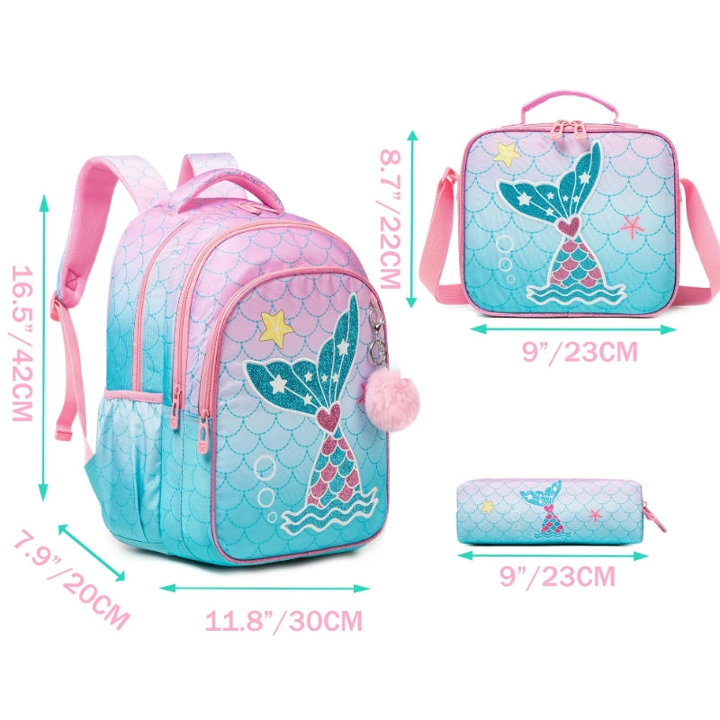Sac a Dos Enfant 6 ans trois articles alignés - Motif Cerf - Motif Lama - Motif Girafe - Motif Sirène 1 - Motif Sirène 2