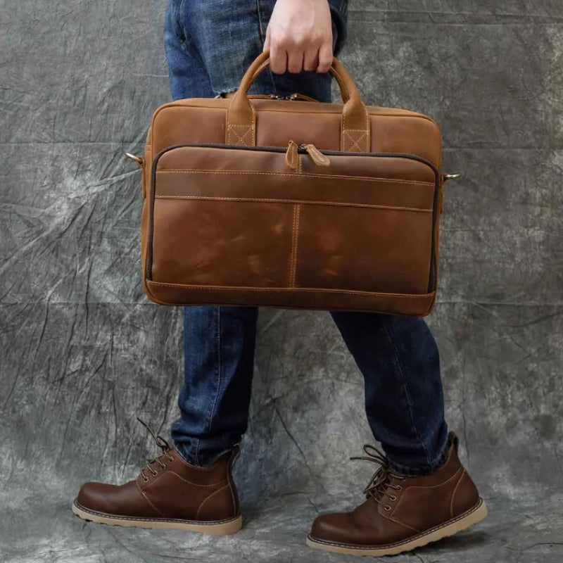 Sacoche Ordi Cuir Homme portée à la main - Marron Brillant - Noir Brillant - Marron Mat - Camel Mat