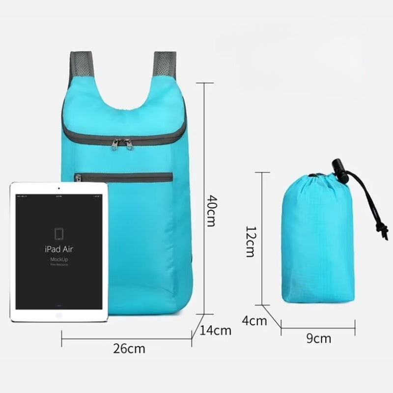 Sac à Dos Pliable Waterproof dimensions affichées - Noir 1 - Noir 2 - Bleu - Fushia - Gris - Bleu ciel - Vert fluo