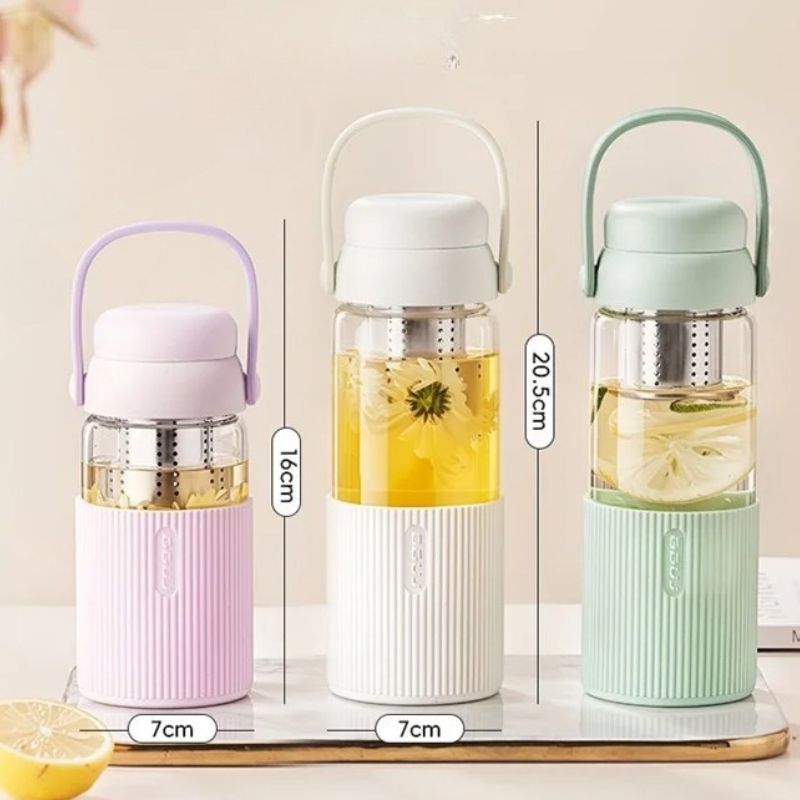 Gourde Verre Infuseur trois tailles alignées - Vert - Blanc - Violet