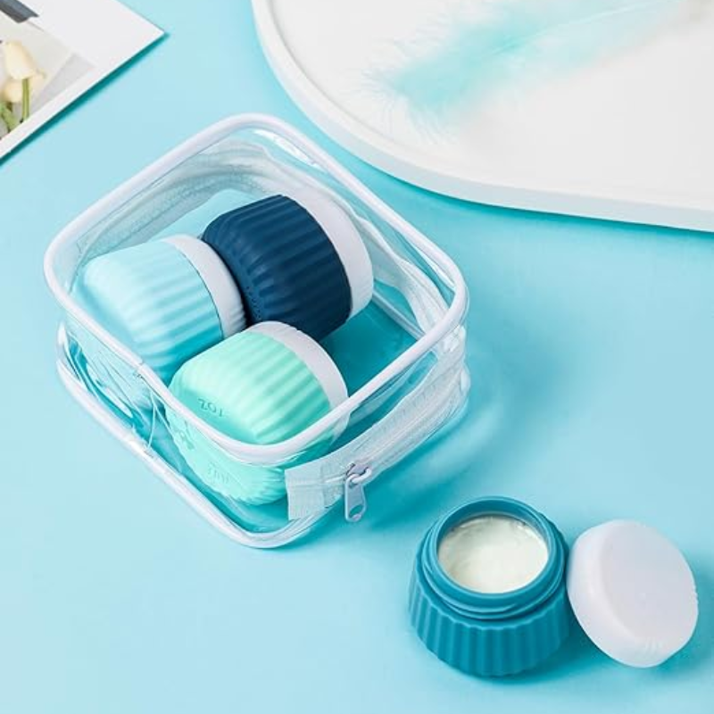 Flacon Vide Voyage pour Crème quatre flacons alignés - Beige - Rose - Vert - Bleu - Multicouleur