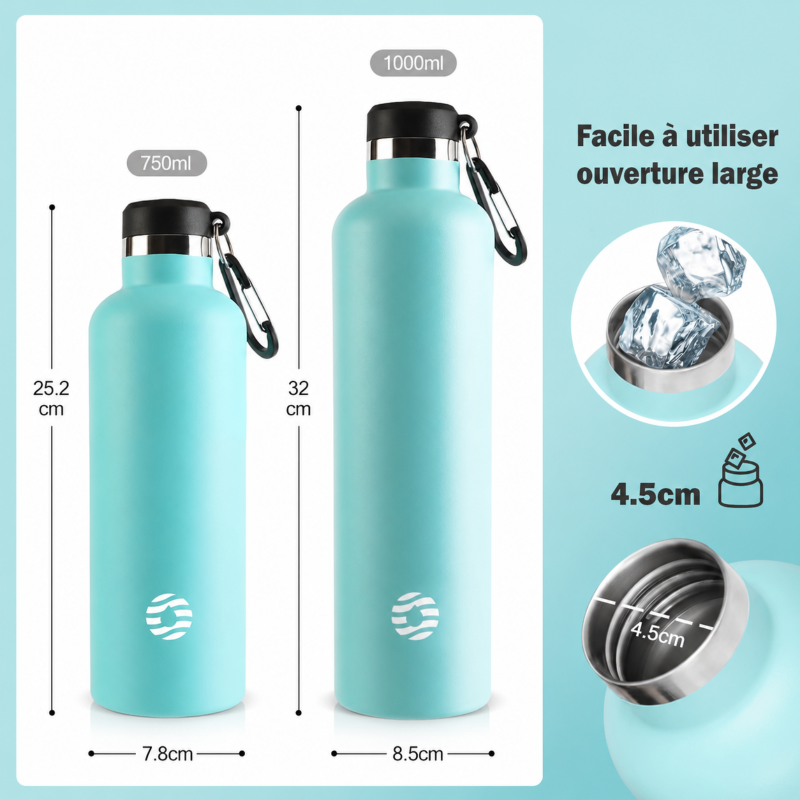 Bouteille Isotherme Inox deux tailles côte à côte - Argenté - Noir - Vert - Rose - Bleu Marine - Turquoise