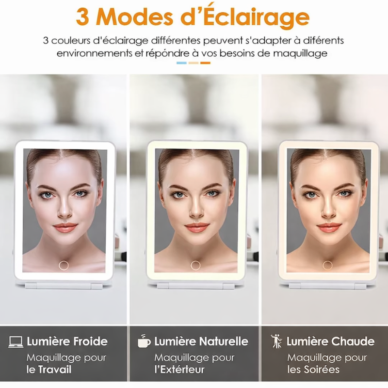 Miroir Led Zoom Portable trois modes d'éclairage - Blanc - Rose