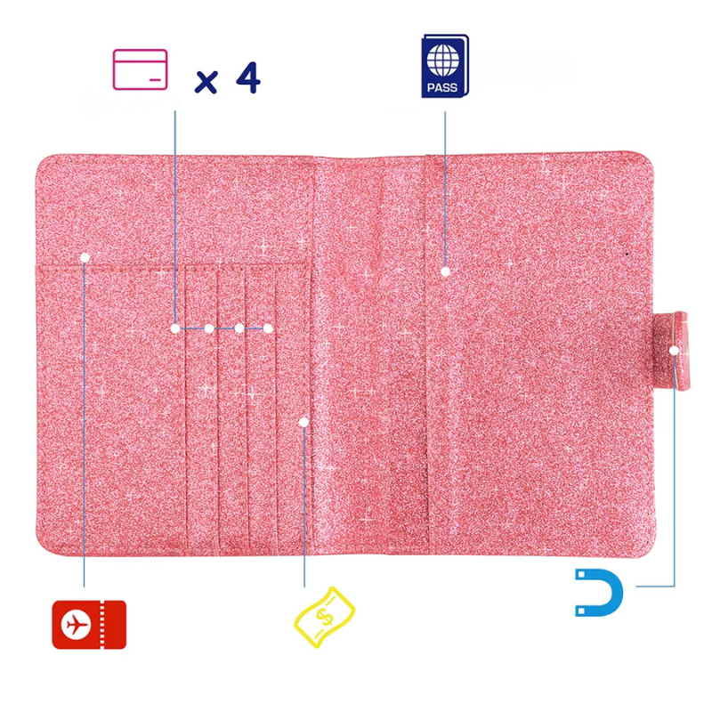 glitter passport holder interior with compartments - Champagne - Pink - Purple - Blue