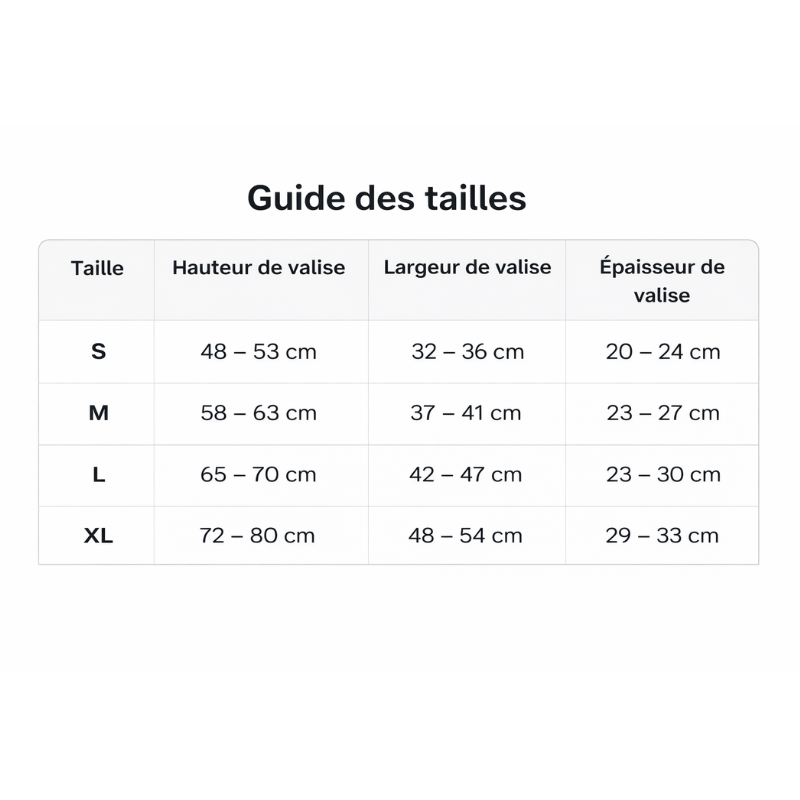 Housse De Protection Pour Valises guide des tailles - Vert Motif Panda - Vert Motif Petit Chat - Vert Motif Oiseau - Rouge Motif Lapin - Rouge Motif Petit Chat - Bleu Motif Ville - Bleu Motif Demi-Cercle - Bleu Motif Chien - Noir Motif Tigre - Noir Motif Tampon Voyage - Noir Motif Trace de Voyage - Noir Motif Graffitis - Noir Motif Boom Party - Marron Motif Stickers Voyage