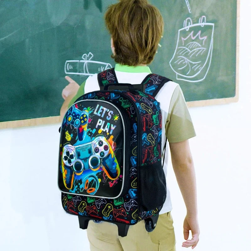 Cartable Sac à Dos à Roulettes Enfant gros plan motif ludique - Console de Jeux
