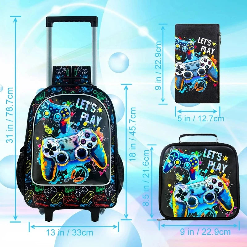 Cartable Sac à Dos à Roulettes Enfant dimensions affichées - Console de Jeux
