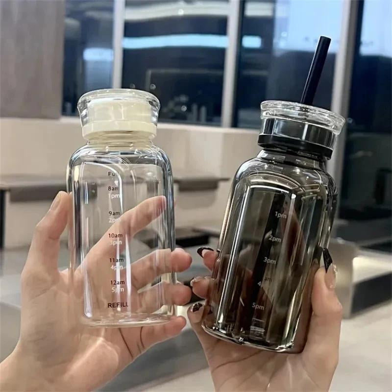 bouteille en verre avec paille - Transparent - Noir