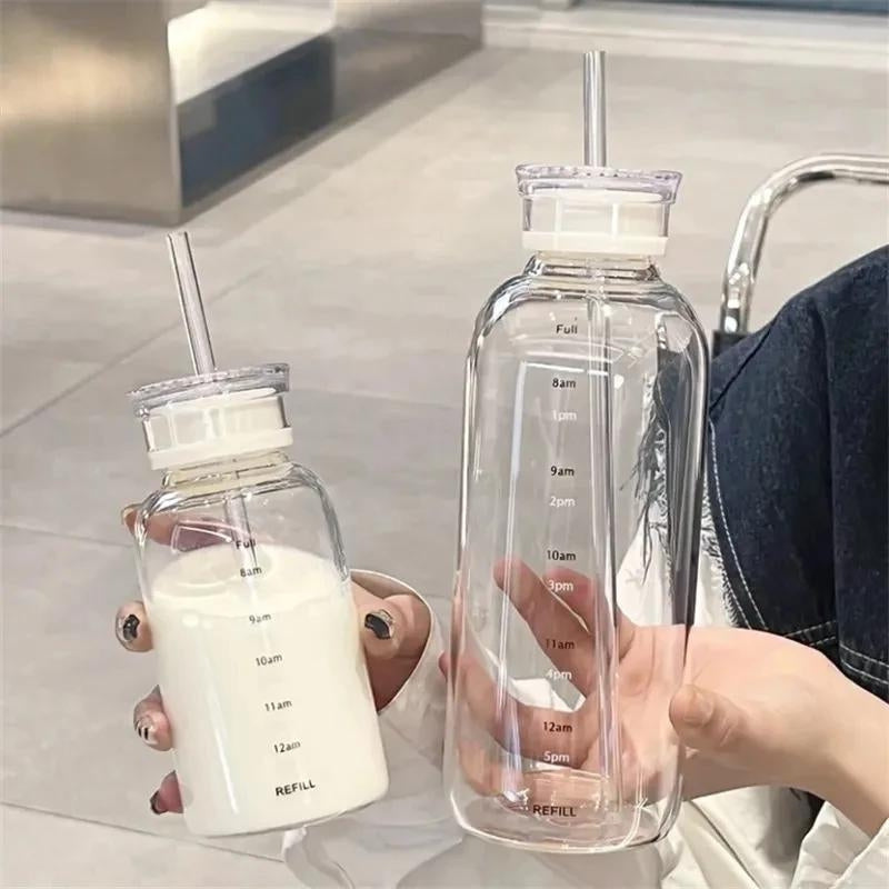 bouteille d'eau avec paille intégrée - Transparent - Noir