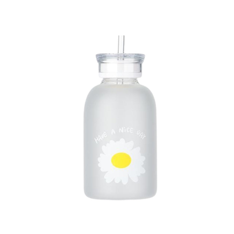 bouteille avec paille pour fille - Blanc - Motif Une Fleur