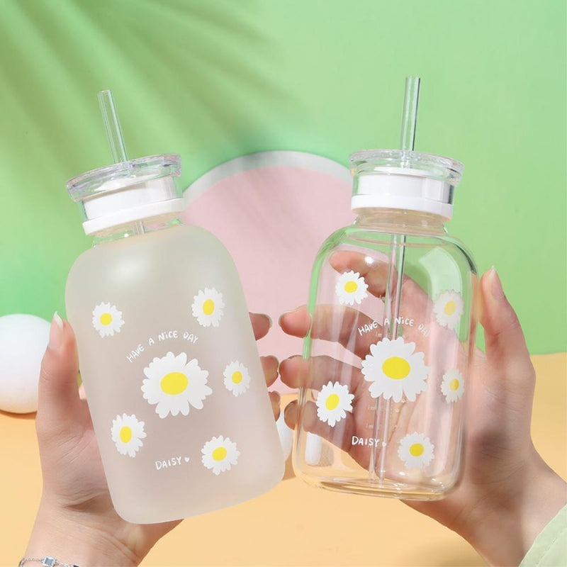 bouteille en verre avec paille - Blanc - Transparent