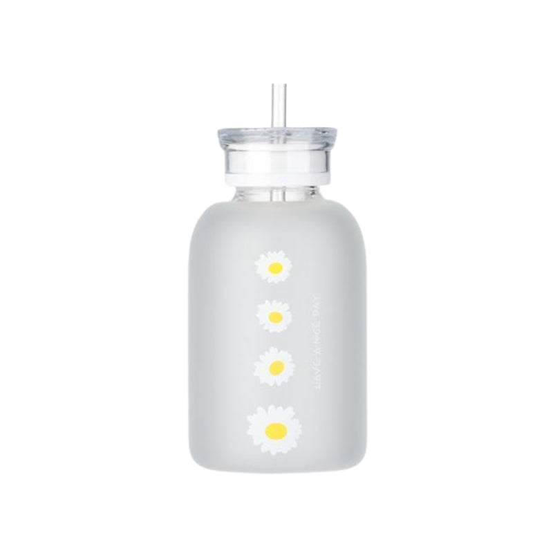 bouteille en verre paille - Blanc - Motif Quatre Fleurs