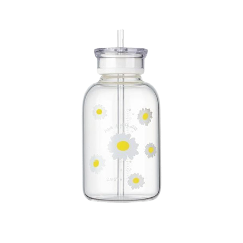 petite bouteille avec paille - Transparent - Motif Cinq Fleurs
