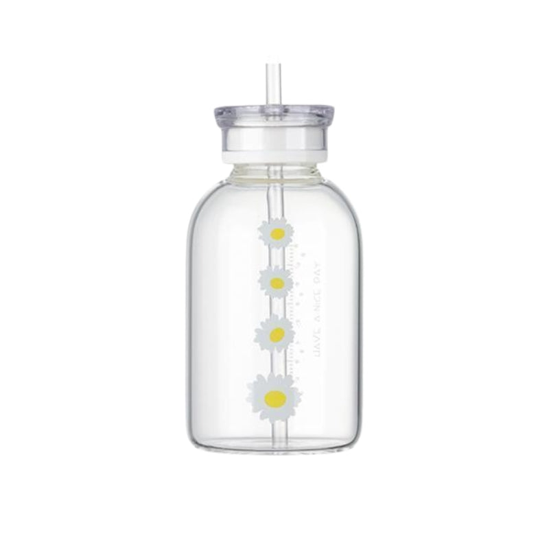 bouteille avec paille - Transparent - Motif Quatre Fleurs