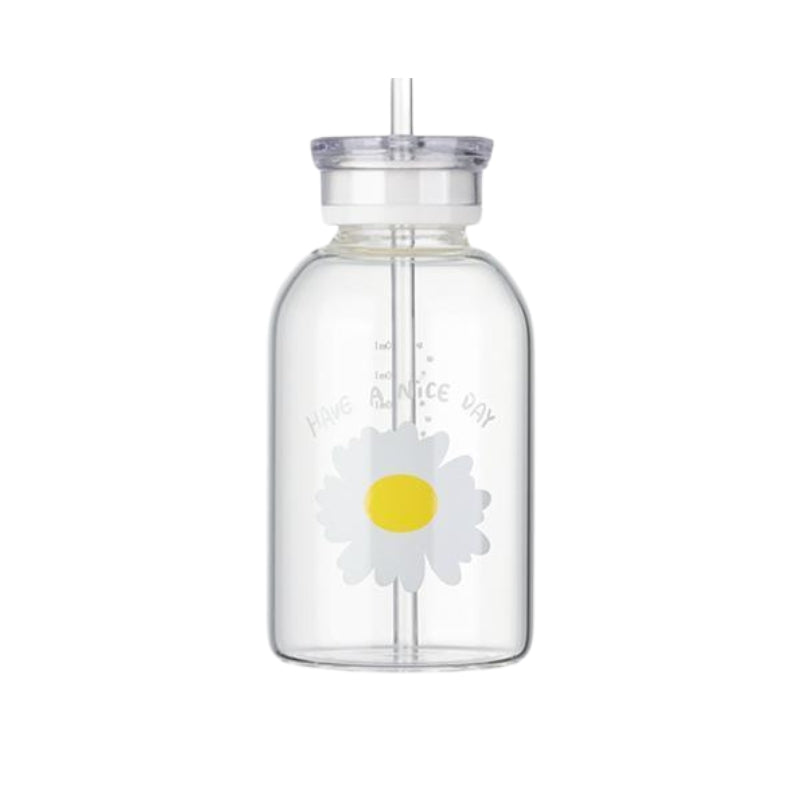 bouteille verre avec paille - Transparent - Motif Une Fleur