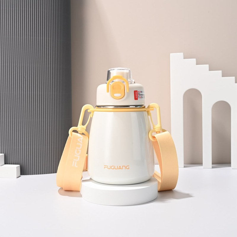 Gourde inox enfant blanche avec bandoulière, vue de face