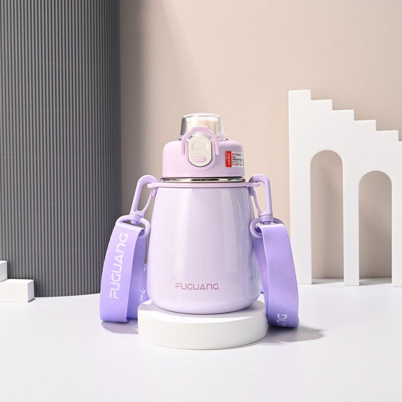 Gourde inox enfant violette avec bandoulière, vue de face