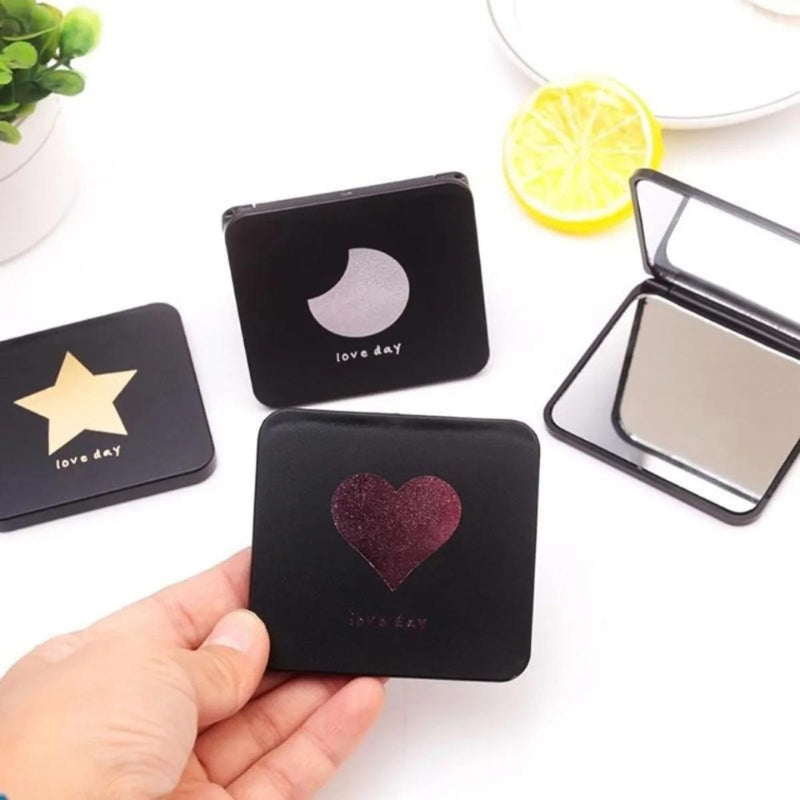 miroir de poche carrée - Noir à Motif Lune - Noir à Motif Cœur