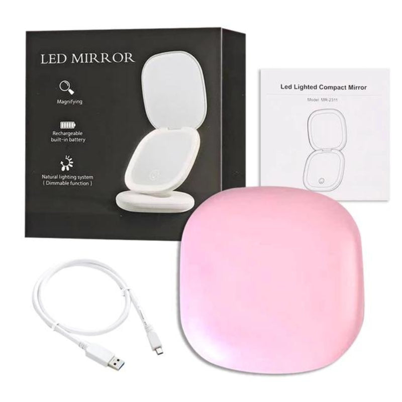 Miroir Grossissant de Poche à LED contenu du coffret : miroir, notice et câble de charge USB