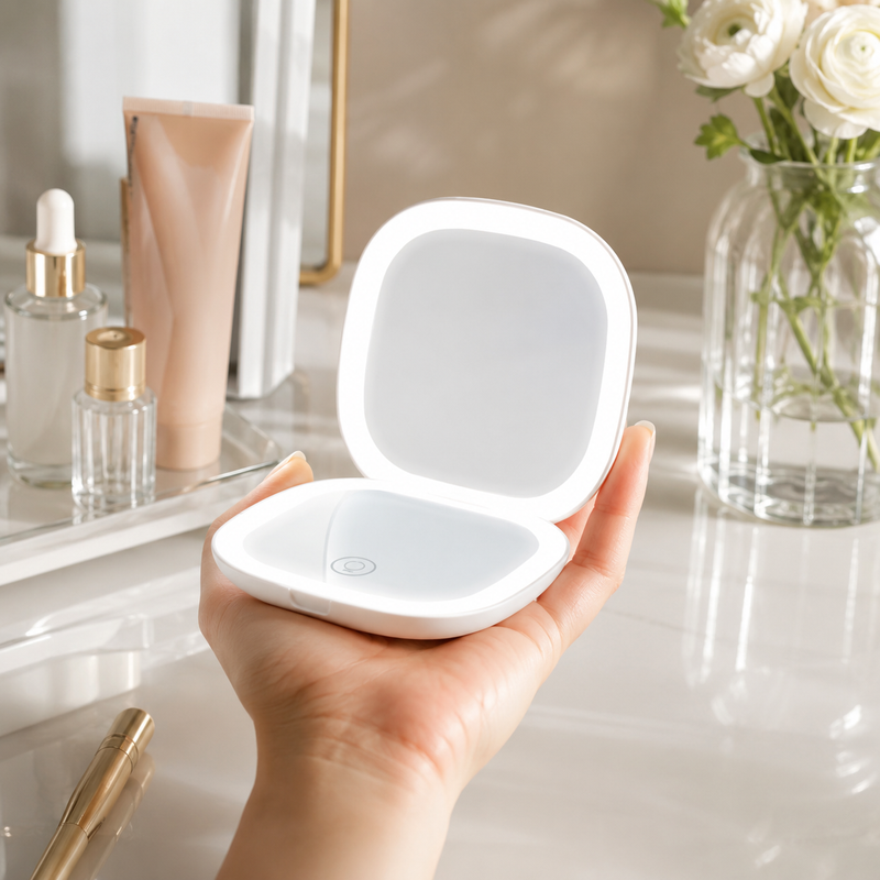 Miroir Grossissant de Poche à LED tenu en main sur coiffeuse