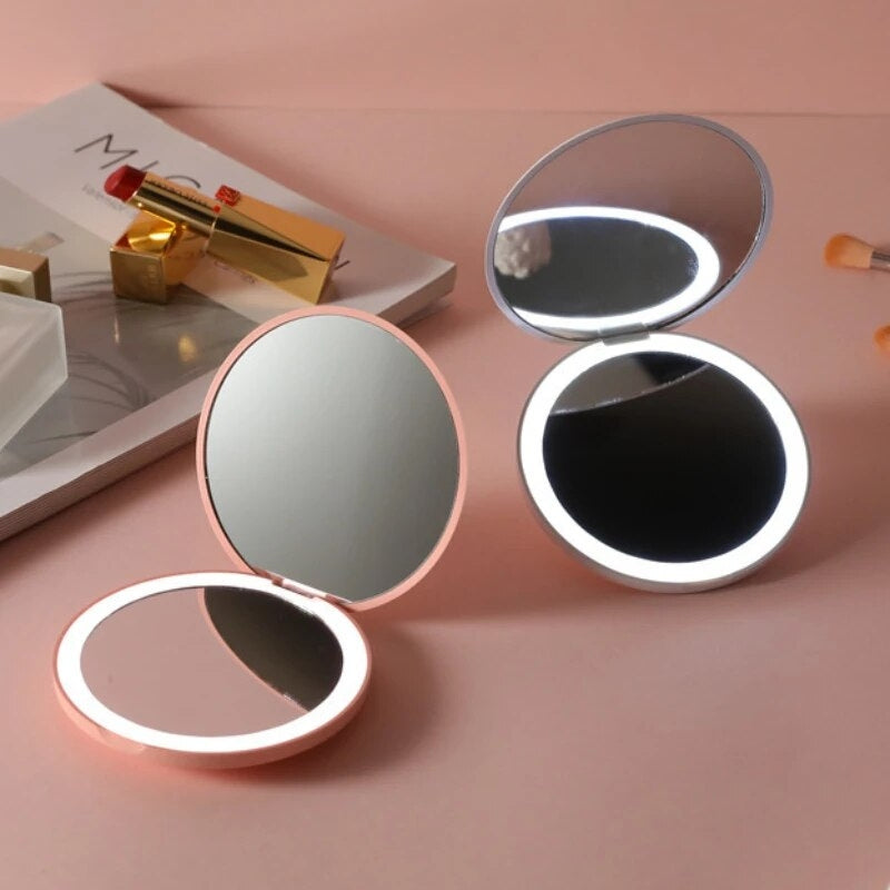 miroir de poche grossissant led - Blanc - Rose