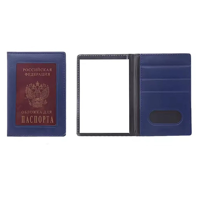 Protège passeport transparent bleu marine, vues fermée et ouverte
