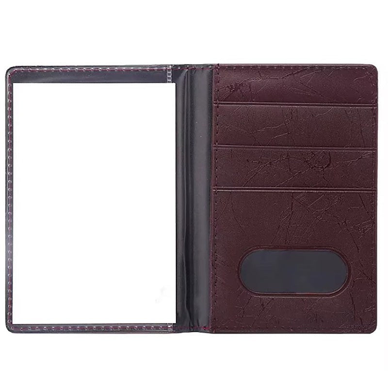 Protège passeport transparent marron, vue intérieure avec pochette transparente et emplacements cartes