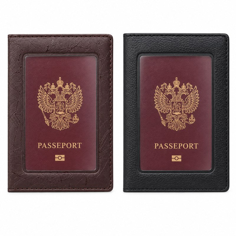 Protège passeport transparent marron et noir, vues fermées côte à côte