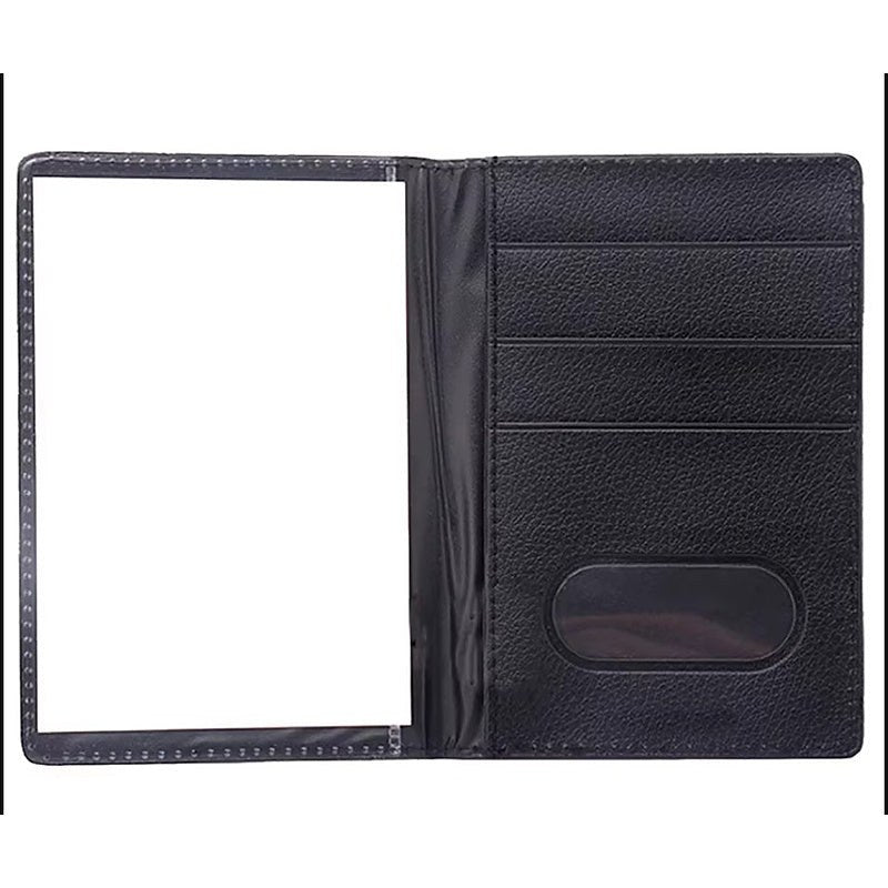 Protège passeport transparent noir, vue intérieure avec pochette transparente et emplacements cartes