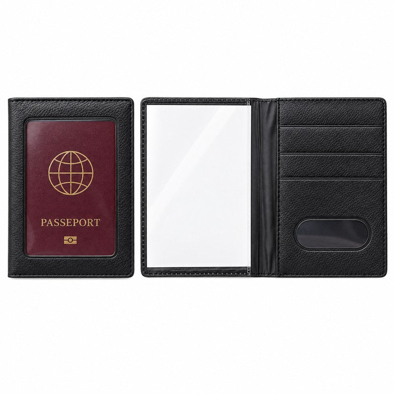 Protège passeport transparent noir, ouvert avec passeport inséré