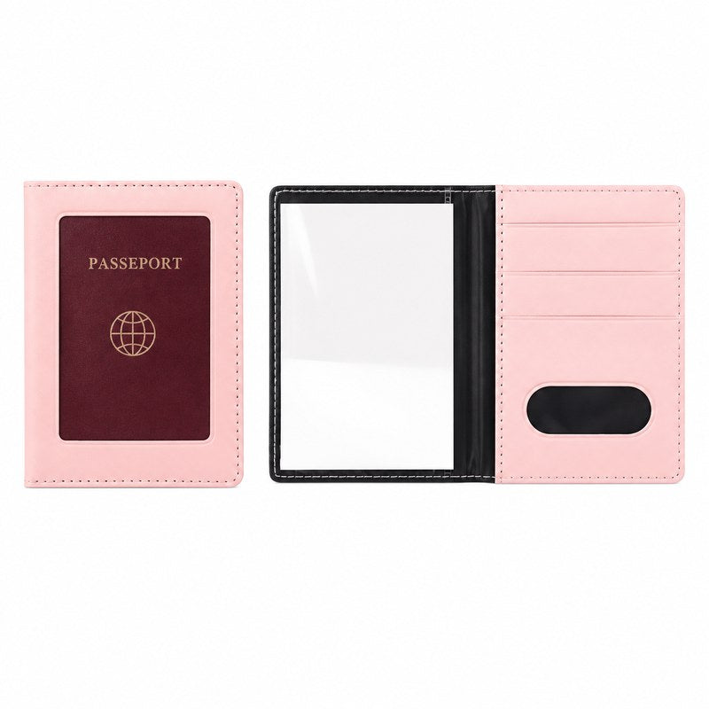 Protège passeport transparent rose, vue intérieure avec pochette transparente et emplacements cartes