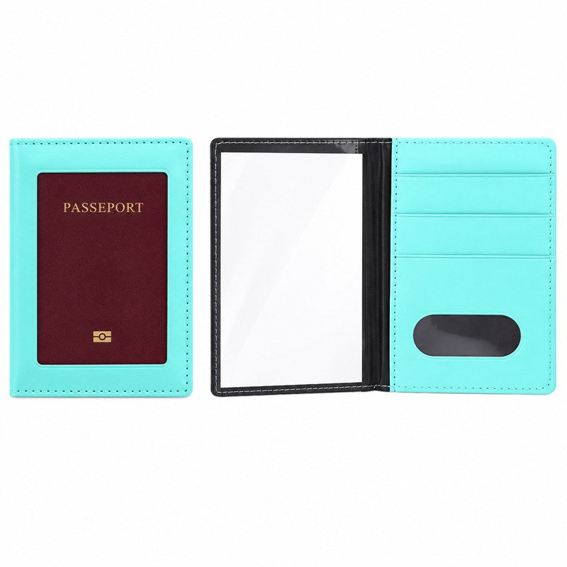 Protège passeport transparent turquoise, vue intérieure avec pochette transparente et emplacements cartes