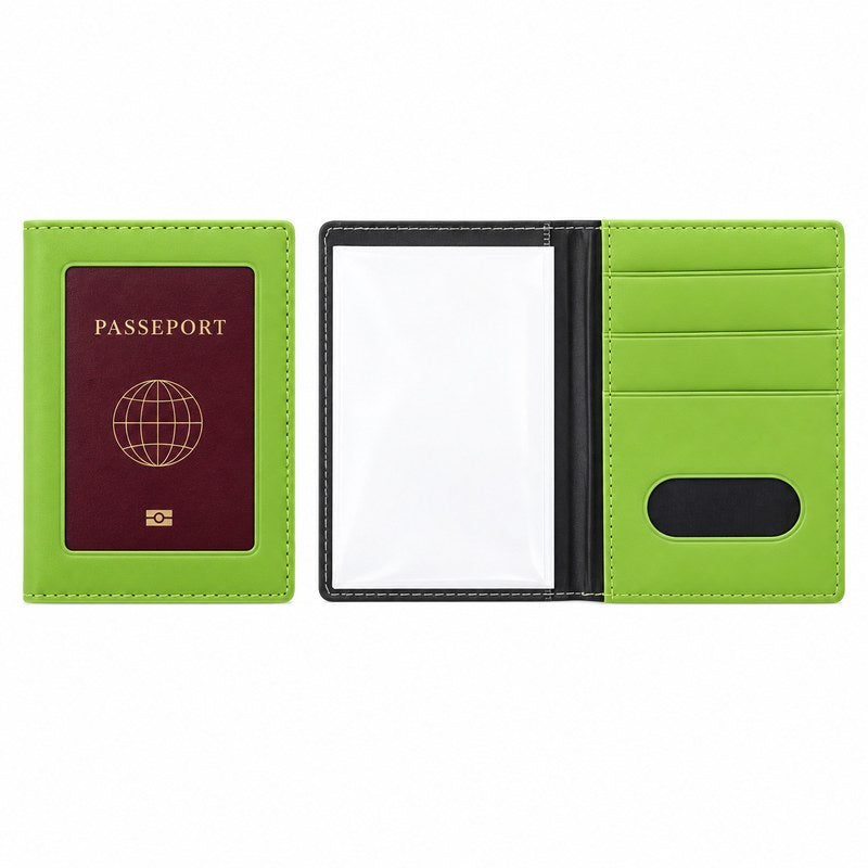 Protège passeport transparent vert, vue intérieure avec pochette transparente et emplacements cartes