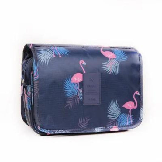 trousse de toilette femme double compartiment - Bleu Marine Motif Flamant Rose 