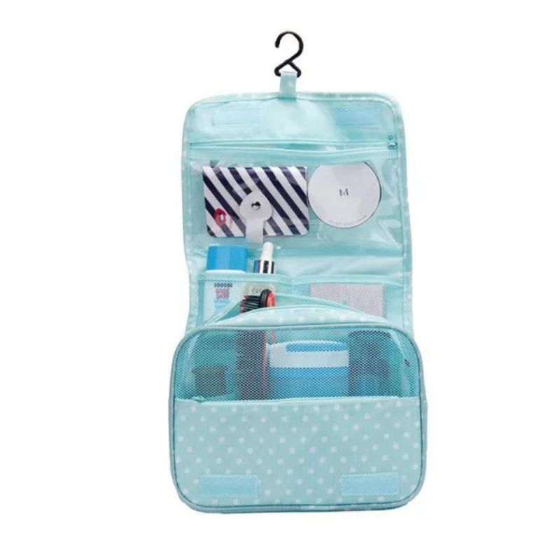 trousse de toilette femme avec rangement - Bleu Ciel Motif à Pois
