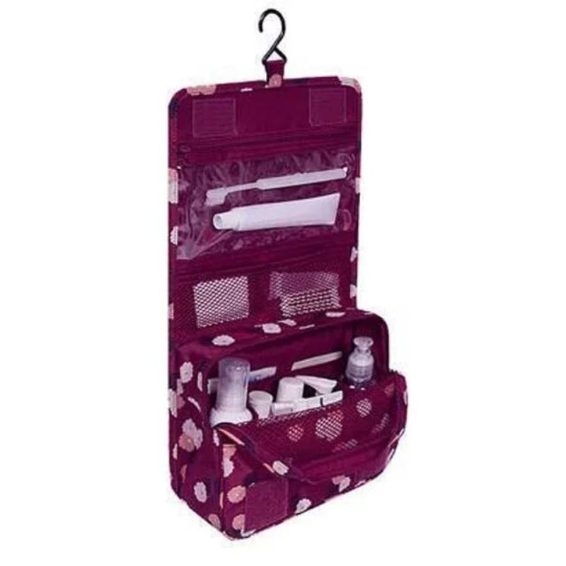 trousse de toilette femme avec crochet - Rouge Vif Motif à Fleurs